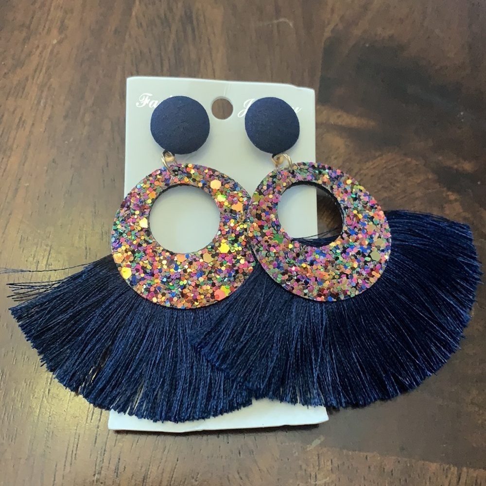 Navy Tassel Fringe Earrings Multicolor Glitter Circle Statement Boho - Picture 8 of 8